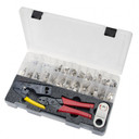 PLATINUM TOOLS 10G Termination Kit. Kit includes: Tele-Titan crimp tool for Cat6A plugs. 100pc Cat6A plugs. Cyclops2 cable jacket stripper. CT-360 external ground crimp tool.