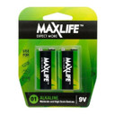 MAXLIFE 9V Alkaline Battery 2 Pack Long Lasting Alkaline Formula. Designed For Everyday and High Drainage Devices. Long Shelf Life. No Mercury or Cadmium.