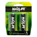 MAXLIFE D Alkaline Battery 2 Pack Long Lasting Alkaline Formula. Designed For Everyday and High Drainage Devices. Long Shelf Life. No Mercury or Cadmium.