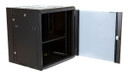 DYNAMIX 12RU Universal Swing Wall Mount Cabinet. Removable Rackmount supplied with Left & Right Hinges (600 x 550 x 635mm). Includes 1 x fixed shelf, 10 x cage nuts. 6-Way PDU Installed. Gloss black