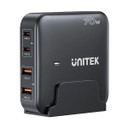 UNITEK 70W Desktop GaN Charging Station with 2x USB-C PD Ports & 2x USB-A QC3.0 Ports. Built-in Smart Protection. Includes Slim Cradle. Charge 4 Devices Simultaneously. 1.5m Power Cord. Black Colour