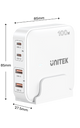UNITEK 100W Desktop GaN Charging Station with 2x USB-C PD Ports & 2x USB-A QC3.0 Ports. Built-in Smart Protection. Includes Slim Cradle. Charge 4 Devices Simultaneously. 1.5m Power Cord. White Colour