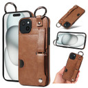 Apple iPhone 15 Plus Hand Strap PU Card Case Brown