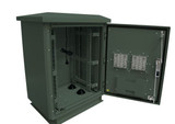DYNAMIX 27RU Outdoor Freestanding Cabinet. (800 x 600 x 1575mm external). IP45 rated. Angled pivoting rain hood. Double 25mm heating protection. Includes 10x cage nuts. Forest green
