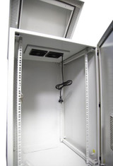 DYNAMIX 24RU Vented Outdoor Wall Mount Cabinet. Ext Dim 611x625x1190 . IP45 rated. Lockable front door. Supplied with dual extractor fans - and input/output air filters. Made from rolled steel. Grey