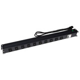 DYNAMIX 10 Outlet Vertical Power Rail (10A IEC C13) with 6KA C-Curve Circuit Breaker. Integrated 2m power cord (10A IEC C14) 0RU. Colour Black.