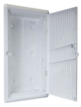 DYNAMIX 28'' Recessed Plastic Network Enclosure - WiFi Ready - Slim Vented Lid - Dual GPO and Cable Entry Knock Outs.