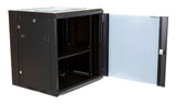 DYNAMIX 12RU 600mm Deep Universal Swing Wall Mount Cabinet. Removable Backmount (600 x 600 x 635mm). Includes 2x fans - 1x fixed shelf - 10x cage nuts. 6-Way PDU Installed. Gloss black colour.