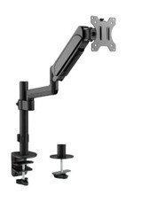 BRATECK 17"-32" Pole-Mounted Gas Spring Single Monitor Desk Mount Bracket with Detachable VESA Plate. Max Load 9Kgs, Supports VESA 75x75 & 100x100, Extend, Tilt, & Swivel, Clamp or Grommet Instal.