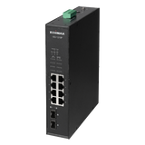 EDIMAX Industrial 10-Port Gigabit PoE+ DIN Rail Switch. 8 x Gigabit Ethernet Ports - 2 SFP Uplink Port. PoE up to 200m at 10Mps. QoS 802.1p for Video & Voice Traffic Priority. Supports up to 30W per port. IP30.