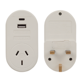 JACKSON Outbound Travel Adaptor with 1x USB-A and 1x USB-C (2.1A) Charging Ports. Converts NZ/AUS Plugs for use in UK - Hong Kong & More.