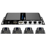 LENKENG 1-In-4-Out 1080P HDMI Extender. 1x HDMI in - 1x HDMI out - 4x RJ45 out. Comp with CAT6/6a/7 Cables - Transmit up to 40m - Plug & Play - Wall-mount - Supports EDID - Includes 1x Tx & 4x Rx.