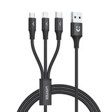 UNITEK 1.2m USB 3-in-1 Charge Cable. Integrated USB-A to Micro-B - Lightning Connector & USB-C Connector. Black Colour.