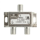 TRIAX RF 2-Way Splitter - 2.4GHz. Coaxial Splitter Ideal for SAT-IF & MATV Distribution Networks. Frequency Range 5-2400 MHz. DC Pass Via Diodes from all Outputs. High Shielding Against Ingress Noise.