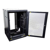 DYNAMIX 12RU 600mm Deep Universal Swing Wall Mount Cabinet. 200mm Removable Backmount. Supplied with Rear Vertical Cable Tray, 6 way PDU and 10 cage nuts. Mesh Front Door. Black Colour
