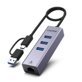 UNITEK 4-in-1 USB Multi-port Hub with 2-in-1 Connectors (USB-C & USB-A). Includes 3x USB-A 3.0 Ports, 1x Gigabit Ethernet RJ45 Port, Plug & Play. AluminiumIn Alloy Housing. Space Grey Colour.