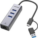 UNITEK 4-in-1 USB Multi-port Hub with 2-in-1 Connectors (USB-C & USB-A). Includes 3x USB-A 3.0 Ports, 1x Gigabit Ethernet RJ45 Port, Plug & Play. AluminiumIn Alloy Housing. Space Grey Colour.