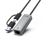 UNITEK USB to 2.5G Ethernet Adapter with 2-in-1 Connectors (USB-C & USB-A). Supports up to 2500Mbps, Supports IEEE 802.3, Aluminium Alloy Housing, 30cm Cable, Space Grey Colour.