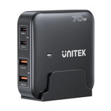 UNITEK 70W Desktop GaN Charging Station with 2x USB-C PD Ports & 2x USB-A QC3.0 Ports. Built-in Smart Protection. Includes Slim Cradle. Charge 4 Devices Simultaneously. 1.5m Power Cord. Black Colour
