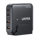 UNITEK 100W Desktop GaN Charging Station with 2x USB-C PD Ports & 2x USB-A QC3.0 Ports. Built-in Smart Protection. Includes Slim Cradle. Charge 4 Devices Simultaneously. 1.5m Power Cord. Black Colour