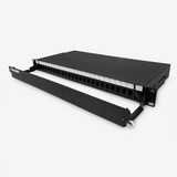 DYNAMIX 19'' 1U Fibre Patch Panel Unloaded 24 Port LC Duplex . Metal Ball Bearing Sliding Drawer. Black. Supplied with 2x 24 Port Splice Cassette, Cable Management Accessories & Cable Gland