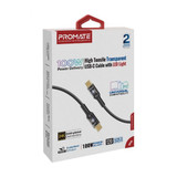 PROMATE 1.2m USB-C to USB-C Ultra-Fast 100W PD Cable with Transparent Connectors. Supports Data & Charge, LED Light, Gold Plated Connectors, Supports Transfer Rate 480Mbps. Black Colour