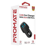 PROMATE 3.4A Dual Port USB-A Car Charger. Charge 2 Devices Same Time. Short-Circuit (VOLTRIP-DUO-BLK)