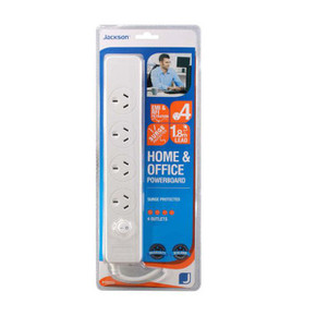 JACKSON 4-Way Surge Protected Powerboard with 1.8m Lead. On/Off Switch. Built-in Circuit Breaker. 230-240VAC. 10A. (Energy Absorption Rating 175J)