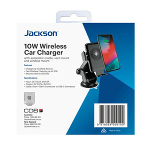 JACKSON 10W Qi Wireless In-Car Phone Charger with Cradle, Vent & Window Mount Options Included.