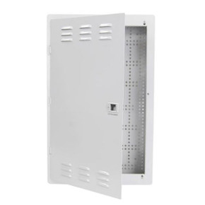 DYNAMIX 20'' Network Enclosure - Recessed Wall Mount - Vented Lid - Cable/Dual GPO Knock outs. Installs: 400mm Centre Stud. Cut out OD: 355 x 575 x 90mm. Incl. Installation Accessories - Earth Kit