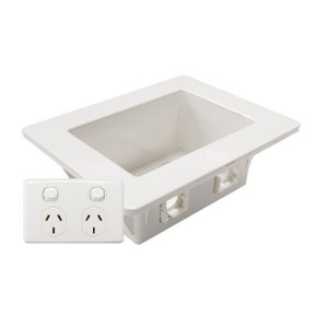 DYNAMIX Recessed Wall Box with 2x AMDEX style outlets. Incl. 2x ports switched GPO. Suitable for 70 & 90 mm wall cavities. For plaster walls only. Outside face: 185 x 145mm. Recess: 166 x 100mm. Depth: 63mm.