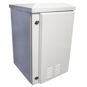 DYNAMIX 24RU Vented Outdoor Wall Mount Cabinet. Ext Dim 611x625x1190 . IP45 rated. Lockable front door. Supplied with dual extractor fans - and input/output air filters. Made from rolled steel. Grey