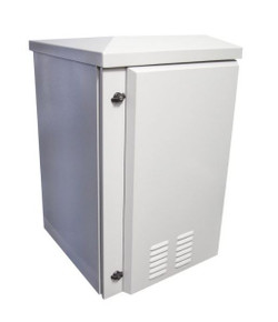 DYNAMIX 18RU Vented Outdoor Wall Mount Cabinet. Ext Dims 611x625x915 IP45 rated. Lockable front door. Supplied with dual extractor fans - and input/output air filters. Made from rolled steel. Grey