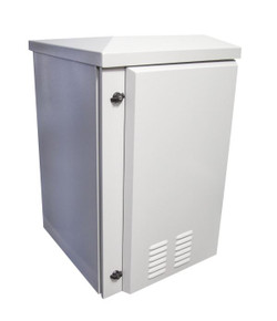 DYNAMIX 18RU Vented Outdoor Wall Mount Cabinet. Ext Dims 611x625x915 IP45 rated. Lockable front door. Supplied with dual extractor fans - and input/output air filters. Made from rolled steel. Grey