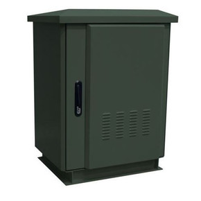 DYNAMIX 18RU Outdoor Freestanding Cabinet. (800 x 600 x 975mm external). IP45 rated. Angled pivoting rain hood. Double 25mm heating protection. Includes 10x cage nuts. Forest green