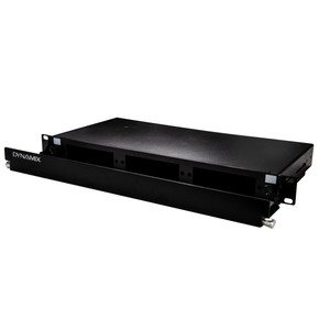 DYNAMIX 19'' 1U Fibre Patch Panel Three Slot. Metal Sliding Drawer Black. Supplied with 2x 24 Port Splice Cassette - Cable Management Accessories & Cable Gland - with Front Management.