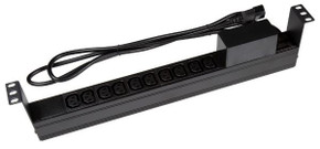 DYNAMIX 10 Outlet Horizontal Power Rail (10A IEC C13) with 6KA C-Curve Circuit Breaker. Integrated 2m power cord (10A IEC C14) 1RU. Colour Black.
