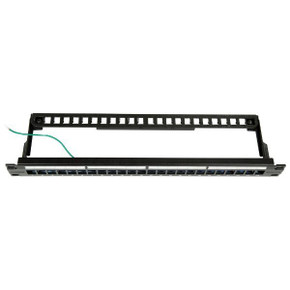 DYNAMIX Horizontal 19 1RU Unloaded 24 Port STP Patch Panel - with Rear Cable Management bar. Includes Earthing Wire and Plastic Labelling Kit. RoHS - Numbered 1-24