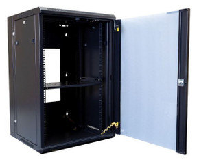 DYNAMIX 18RU 600mm Deep Universal Swing Wall Mount Cabinet. Removable Backmount (600 x 600 x 901mm). Includes 2x fans - 1x fixed shelf - 10x cage nuts. 6-Way PDU installed. Gloss black colour.