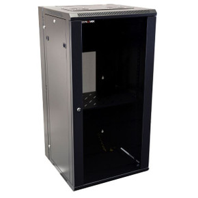 DYNAMIX 24RU Universal Swing Wall Mount Cabinet. Removable Rackmount supplied with Left & Right Hinges (600 x 550 x 1167mm). Includes 1 x fixed shelf - 10 x cage nuts. 6-Way PDU installed. Gloss black.