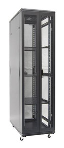 DYNAMIX 45RU Server Cabinet 1200mm Deep (600x1200x2210mm) FLAT PACK. Includes 3x Fixed Shelves - 4x Fans - 5x Cage Nuts - 4x Castors & Level Feet. 800kg static load. Glass front door - mesh rear door. Black