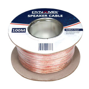 DYNAMIX 100m 18AWG PVC Speaker Cable. Bare Copper. Metre Marked. Transparent Colour with Red Stripe.