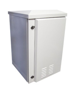 DYNAMIX 9RU Vented Outdoor Wall Mount Cabinet. (611x675x560mm). IP45 rated. Lockable front door. Supplied with dual extractor fans, and input/output air filters. Made from rolled steel. Grey