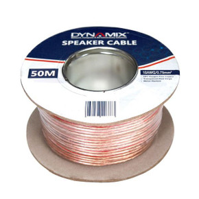 DYNAMIX 50m 18AWG PVC Speaker Cable. Bare Copper. Metre Marked. Transparent Colour with Red Stripe.