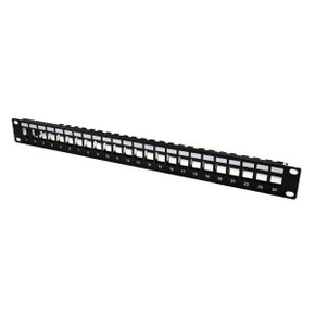 DYNAMIX Horizontal 19'' 1RU Unloaded 24 Port UTP Patch Panel, Keystone Inserts, with Rear Cable Management bar. Grounding Wire Not Included. RoHS, Numbered 1-24.
