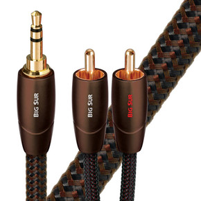 AUDIOQUEST Big Sur 1M 3.5mm to 2 RCA. Solid perf surface Copper plus. Gold Plated/cold welded termination. Foamed-Polyethylene dielectric. Metal layer noise dissi pation. Jacket- brown - black braid