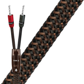 AUDIOQUEST TYPE 5 2M pair speaker cable. Banana - banana. 15 AWG. Solid PSC plus - sonic-signature Conductors and Long-Grain Copper. Banana plugs - suregrip300 silver. Jacket - brown - black braid.
