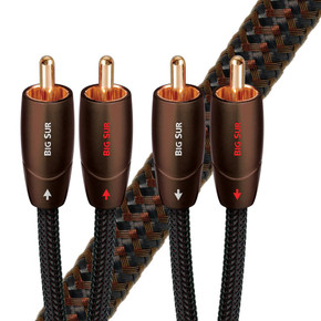 AUDIOQUEST Big Sur 3M 2 to 2 RCA male. Solid perf surface Copper plus. Gold Plated/cold welded termination. Foamed-Polyethylene dielectric. Metal layer noise dissi pation. Jacket- brown - black braid