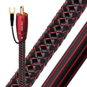 AUDIOQUEST Irish Red 12M subwoofer cable. 0.5% silver. Metal-layer noise dissipation. Solid conductors Foamed-Polyethylene dielectric Cold-welded -Gold plated termination Jacket - black PVC with red stripes