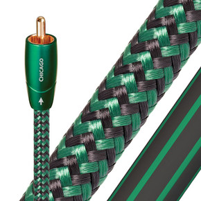 AUDIOQUEST Chicago  1.5M 2 to 2 RCA . Solid Long Grain Copper (LGC). Double balanced. Hard-cell foam. Double balanced Cold-welded -gold plated termination Jacket - green - black braid